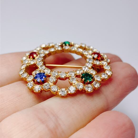 Vintage 50s 60s Mid Century Rhinestone Rosette Circle Brooch Gold Tone Sparkling - Picture 5 of 10